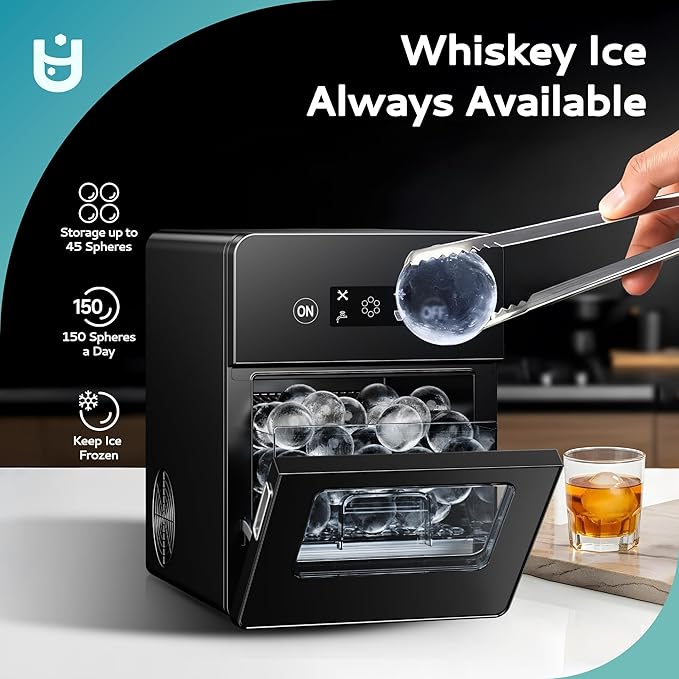 EUHOMY Ice Ball Maker Countertop, 144Pcs/day, 4Pcs Ready in 40Mins, Self-Cleaning, Sphere Ice Maker Machine with Crystal Clear Ice for Whiskey/Brandy/Rum