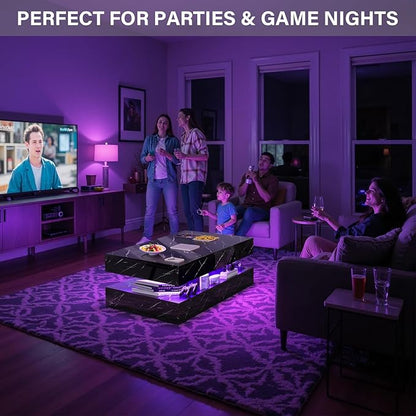 LED Coffee Table, 47.2" Coffee Tables with Storage Drawers, Smart Living Room Table with Wireless Charging & Bluetooth Speaker,Modern Center Tables for Living Room, Black Marble