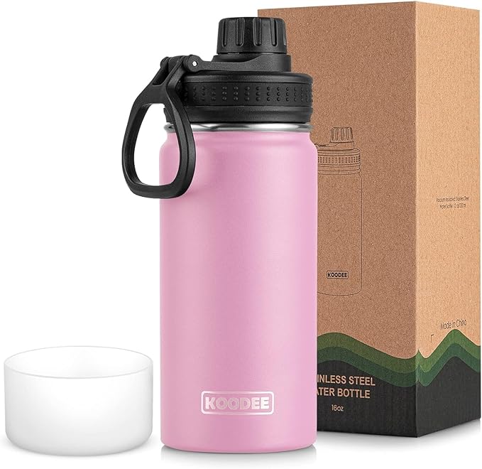 koodee 16 oz Water Bottle-Stainless Steel Double Wall Vacuum Insulated Wide Mouth Water Bottle with Leakproof Spout Lid (Pink)