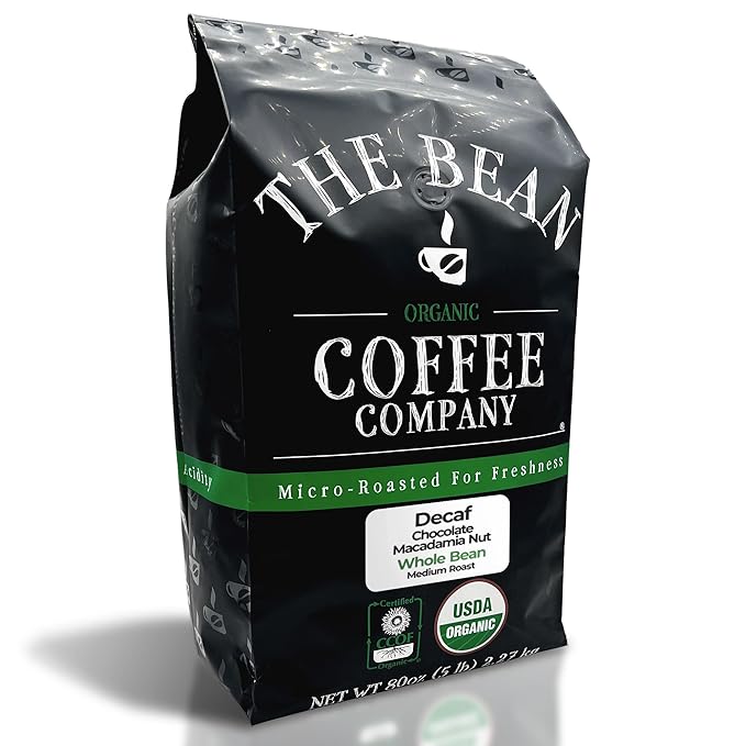 The Bean Organic Coffee Company Water Processed DECAF Chocolate Macadamia Nut, Medium Roast, Whole Bean Coffee, 5-Pound Bag