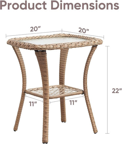 Patio Wicker Side Table, Outdoor PE Rattan End Table with 5mm Tempered Glass Top and 2-Tier Storage Shelf, 20" Square Coffee Table for Deck Porch Garden Backyard-Yellow