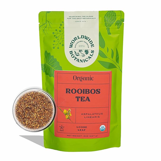 Worldwide Botanicals Organic Red Rooibos Tea – 8oz - 100% South African Aspalathus linearis – Loose Leaf, Cut and Sifted - Resealable Bag for Freshness