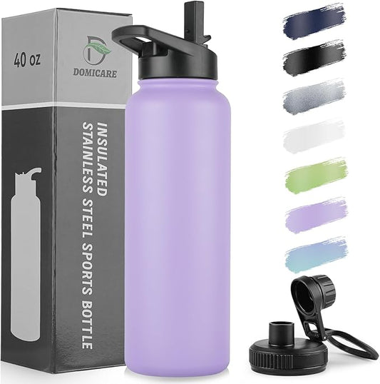 DOMICARE 40 oz Insulated Water Bottle, Vacuum Insulated Stainless Steel Sports Water Bottle with Straw Lid & Spout Lid, Leakproof, Reusable - Travel, Camping, Bike, Purple