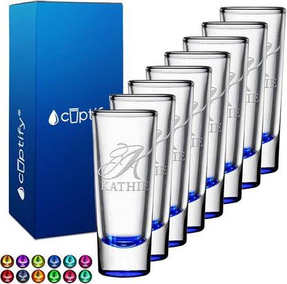 Personalized Shot Glasses Set of 8 Blue Bottom Custom 2 oz Cordial Shot Glass Initial and Name for Gifts, Weddings, Birthdays, Party, Event, Decorations