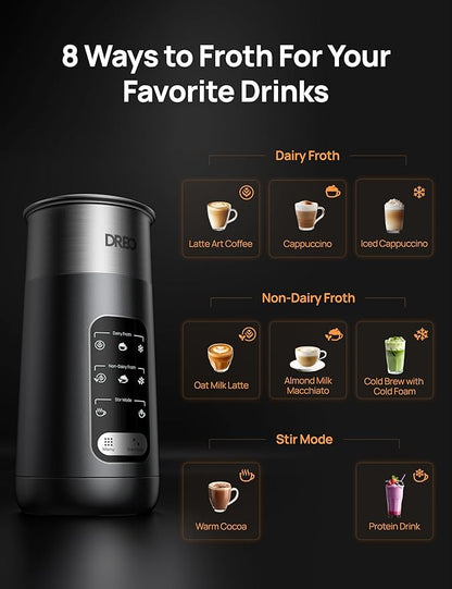 DREO 8-in-1 Milk Frother [Upgraded], Electric Stainless Steel Frother for Latte Art Microfoam and Coffee, 9oz/270ml Warm and Cold Foam Automatic Frothers, LED, Easy to Clean