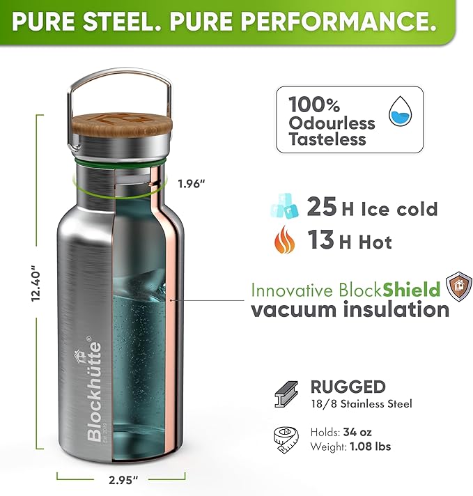 Blockhütte Vacuum Insulated Stainless Steel Water Bottle - 34 oz | Wide Mouth Insulated Metal Bottle for Cold Drinks | Perfect for Travel, School, Kids, Adults, Water Canteen, BPA-Free