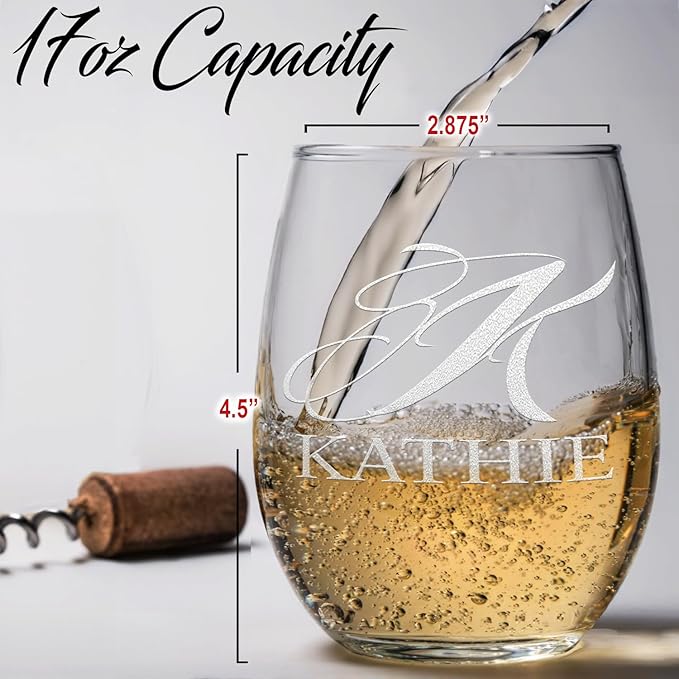 Personalized Wine Glass Script Monogram Initial and Name Engraved 17 oz Stemless Customized Red White Wine Glass Gift for Women