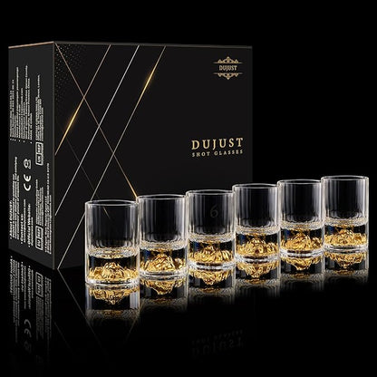 DUJUST 【2025 New Design】 Gold Mountain Shot Glasses (1.5oz), Crystal Shot Glass Set Decorated with 24K Gold Mountain, BPA-Free & Lead-Free, Perfect for Décor & Collection, Gift Choices - 6 pcs