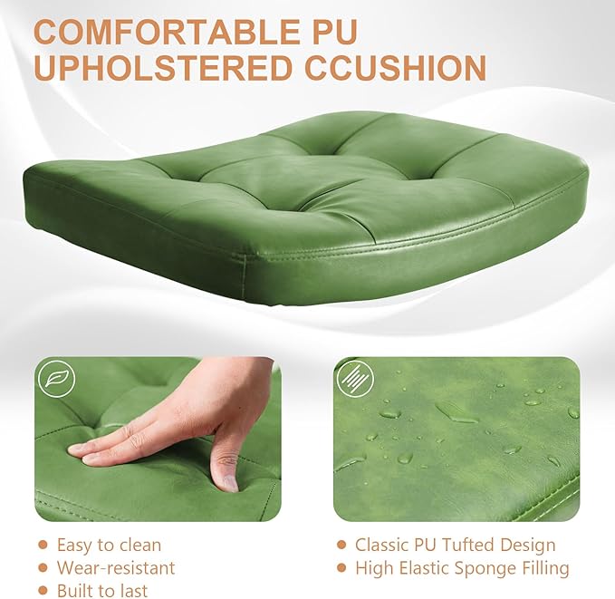 Rattan Office Chairs, Modern Rattan Desk Chair with Natural Back & Wood Armrest, Small Upholstered Tufted Leather Home Office Desk Chairs for Home Office, Bedroom, Study, Green