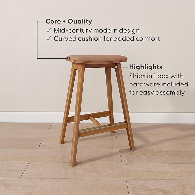 Plank+Beam Beryl Counter Height Stool - Mid-Century Modern Rubberwood Bar Stool with Faux Leather Seat, Metal Footrest, Easy Assembly, Pecan/Toffee