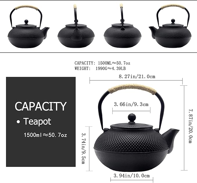 Big Cast Iron Teapot, Japanese Tetsubin Tea Kettle for Stovetop Safe, Cast Iron Teapot with Tea Strainer for Loose Tea and a Fully Enameled Interior (1500ml/50.7oz)