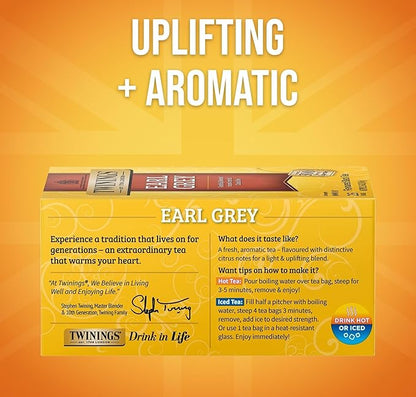 Twinings Earl Grey Black Tea Individually Wrapped Bags, 25 Count (Pack of 6), Flavoured with Citrus and Bergamot, Caffeinated, Enjoy Hot or Iced, 150 Teabags