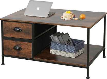 SENIG Coffee Table with Drawers, Coffee Table for Living Room, 2-Tier Coffee Tables with Storage Drawers，Brown Coffee Tables for Small Spaces, Rectangle Wood Ttable, Metal Side End Table