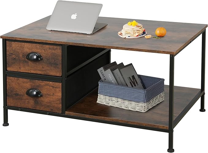 SENIG Coffee Table with Drawers, Coffee Table for Living Room, 2-Tier Coffee Tables with Storage Drawers，Brown Coffee Tables for Small Spaces, Rectangle Wood Ttable, Metal Side End Table