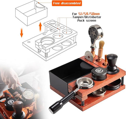 Espresso Knock Box, Tamping Station, Two-tier Organizer Station, Spring-loaded Portafilter Holder, Basket Filters & Funnel Stand, Fits 51/54/58MM Tamper, Distributor, Portafilter, Puck Screen