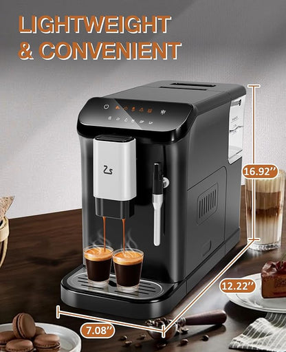 IDEALHOUSE Fully Automatic Espresso Machine with Grinder and Milk Frother, Touchscreen Coffee Maker, 20 Bar Pressure, 1.5L Water Tank, One-Touch Latte and Cappuccino