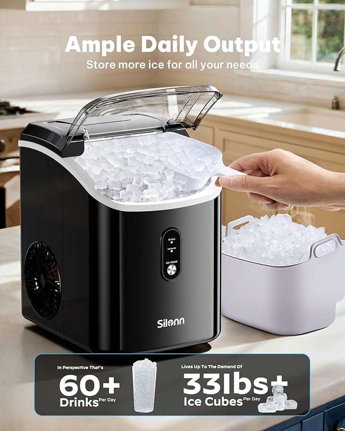 Silonn Nugget Ice Makers Countertop, Chewable Pellet Ice Machine with Self Cleaning Function, Portable Pebble Ice Maker with Ice Scoop for Home Kitchen Office, Black