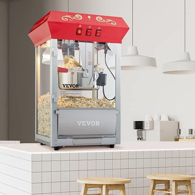 VEVOR Commercial Popcorn Machine, 8 Oz Kettle, 850 W Countertop Popcorn Maker for 48 Cups per Batch, Theater Style Popper with 3-Switch Control Steel Frame Tempered Glass Doors 2 Scoops 2 Spoons, Red