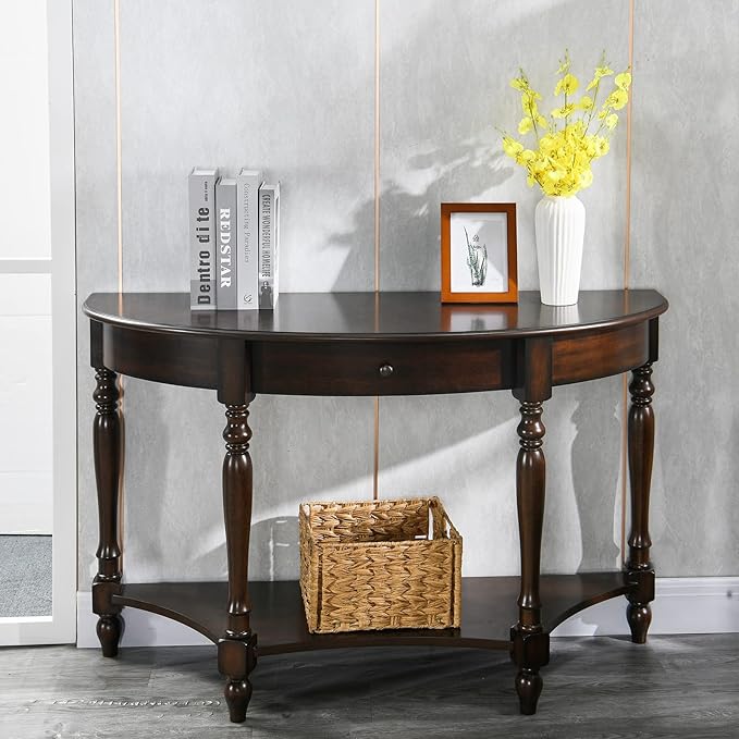 Solid Wood Console Table with Drawer and Storage Shelf, 45.3" Traditional Retro Semi-Circle Entryway Table Polished Edging Half-Moon Narrow Tables for Living Room Hallway Home, Vintage Walnut