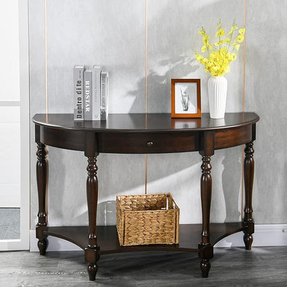 Solid Wood Console Table with Drawer and Storage Shelf, 45.3" Traditional Retro Semi-Circle Entryway Table Polished Edging Half-Moon Narrow Tables for Living Room Hallway Home, Vintage Walnut