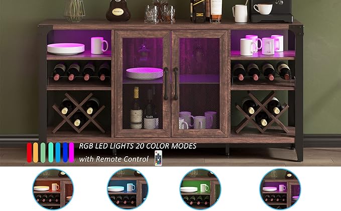 Vabches 58" Wine Bar with Wine Rack Storage,Alcohol Cabinet with LED Strip, Liquor Cabinet Bar for Home Dining Room, Sideboard Buffet with Storage