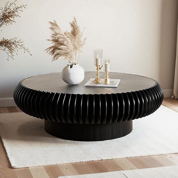 Round Fluted Coffee Table Modern Handcraft Drum Coffee Table with Sturdy Pedestal 39.37" Farmhouse Center Table Tea Table for Living Room, Reception Room, Entertainment Room (Black 39.37")