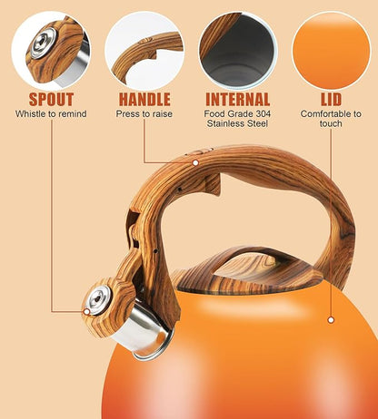 Tea Kettle Stovetop, 3.2Qt Stainless Steel Tea pots with Wood Grain Handle Food Grade Whistling Tea kettle,Induction/Gas Stoves (Orange-Red Gradient)