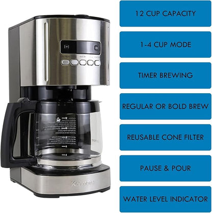 Kenmore Drip Coffee Maker - 12 Cup Programmable Cafe Machine With Glass Pot, Regular & Bold Brew, Auto Shut Off Large Water Reservoir, Reusable Filter, Kitchen Appliances For Cafeteria Barista, Black