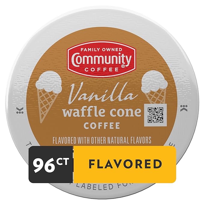 Community Coffee Vanilla Waffle Cone 96 Count Coffee Pods, Ice Cream Flavored, Compatible with Keurig 2.0 K-Cup Brewers, 24 Count (Pack of 4)