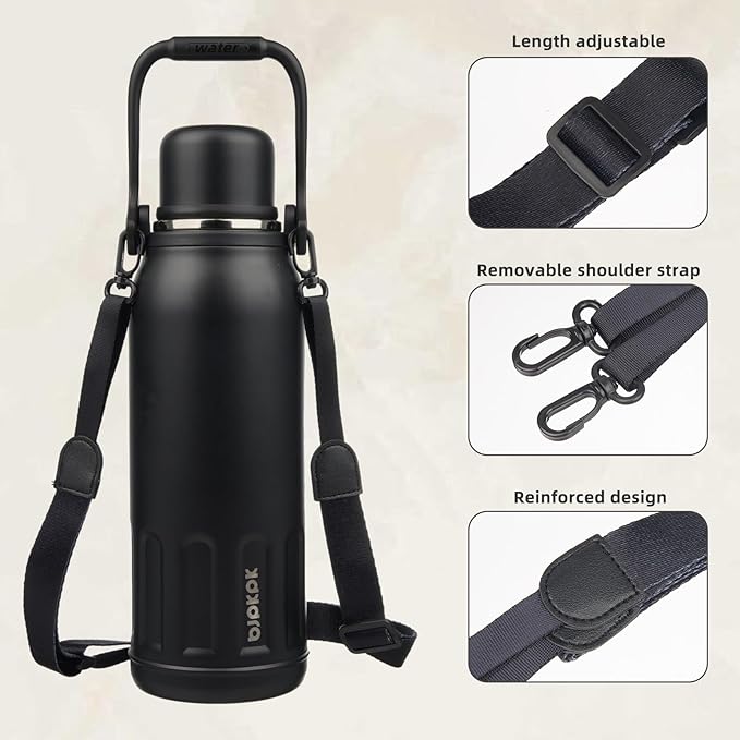 BJPKPK Insulated Water Bottle 50oz Vacuum Insulated Stainless Steel Water Bottles with Handle and Lid Travel Metal Thermal Flask for Outdoor Sports,Black