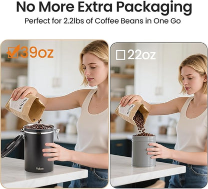 Veken Coffee Canister, 39OZ Large, Airtight Stainless Steel Food Storage Container for 2.2lbs Coffee Beans, Ground, Sugar, Tea, Flour, Cereal, Kitchen Bar Accessories with Date Tracker & Scoop, Black