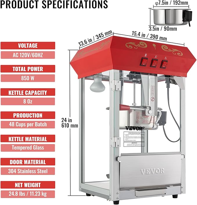 VEVOR Commercial Popcorn Machine, 8 Oz Kettle, 850 W Countertop Popcorn Maker for 48 Cups per Batch, Theater Style Popper with 3-Switch Control Steel Frame Tempered Glass Doors 2 Scoops 2 Spoons, Red