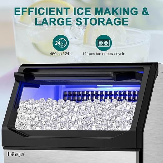 Commercial Ice Maker Machine 450LBS/24H with 77LBS Large Ice Storage Bin, 144Pcs Clear Ice Cubes in 11Mins, Stainless Steel Under Counter Industrial Ice Machine for Bar, Restaurant Business