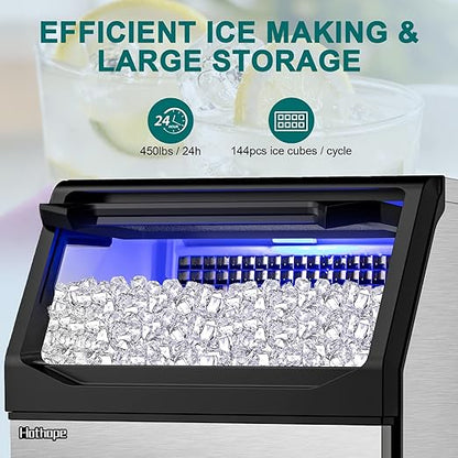 Commercial Ice Maker Machine 450LBS/24H with 77LBS Large Ice Storage Bin, 144Pcs Clear Ice Cubes in 11Mins, Stainless Steel Under Counter Industrial Ice Machine for Bar, Restaurant Business