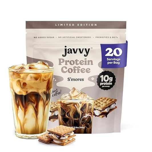 Javvy S’Mores Protein Iced Coffee - Premium Whey Protein & Instant Iced Coffees - 100% Natural Cold Brew - Zero Artificial Flavors & Sweeteners, 80 mg Caffeine, No Added Sugar, 20 Servings