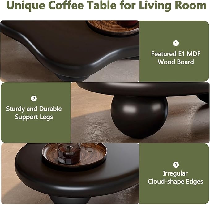 Cloud Coffee Table for Living Room with Round Corners Modern Style Center Table with 3 Ball-Shaped Legs Wood Tea Table for Small Space Apartment Easy Assembly (Black W48 * D36 * H14inch)