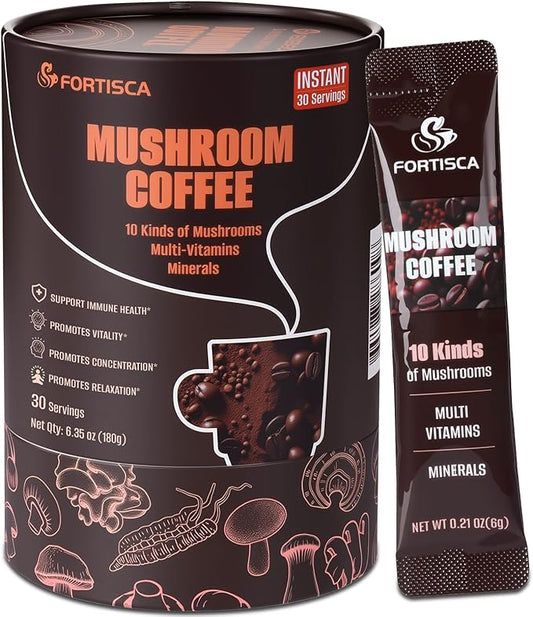 10 in 1 Mushrooms Coffee(Lion's Mane, Cordyceps, Turkey Tail & Other) Ashwagandha Magnesium Multivitamins, 2000mg Mushroom Instant Coffee Powder for Energy, Digestion, Immune Support, 30 Servings