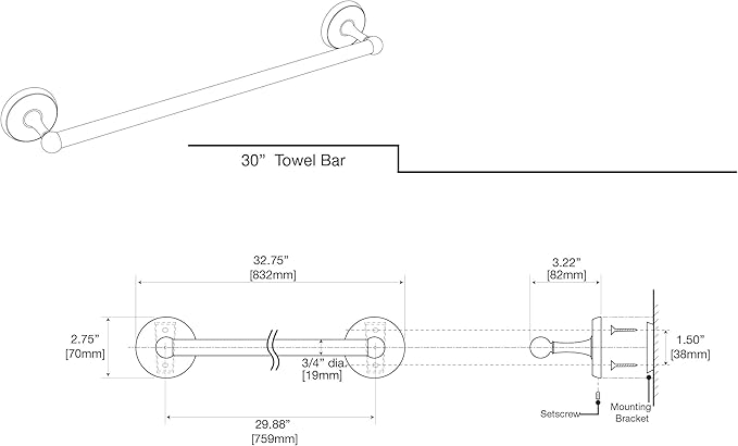 Gatco 5078MX Desinger II Towel Bar, 30 Inch, Matte Black/Wall Mounted Single Towel Holder