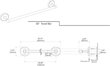 Gatco 5078MX Desinger II Towel Bar, 30 Inch, Matte Black/Wall Mounted Single Towel Holder