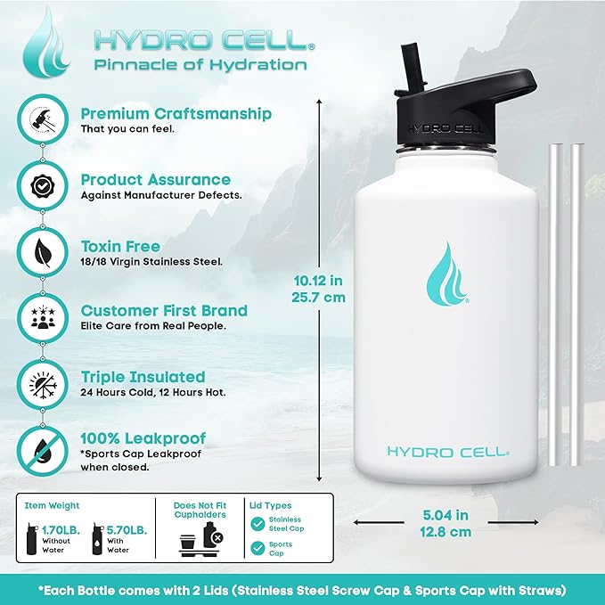 HYDRO CELL Stainless Steel Insulated Water Bottle with Straw - For Cold & Hot Drinks - Metal Vacuum Flask with Screw Cap and Modern Leakproof Sport Thermos for Adults (White 64oz)