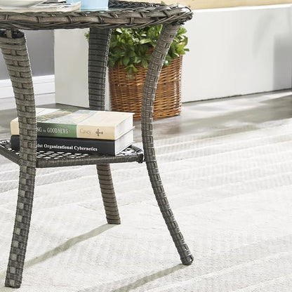 HUMMUH Patio Wicker Side Table Outdoor, Rattan End Table Glass Top Coffee Table with Storage Grey