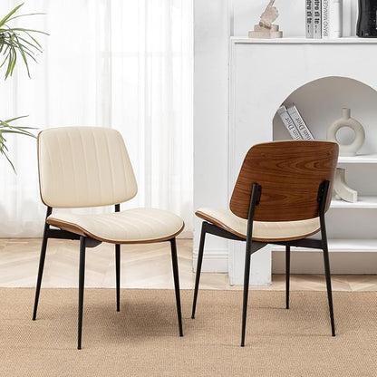 LUNLING Dining Room Chairs Set of 2 Mid Century Modern Retro Beige Faux Leather Chair with Walnut Bentwood Upholstered Seat Metal Legs Kitchen Chairs Adjustable Foot for Kitchen Dining Room