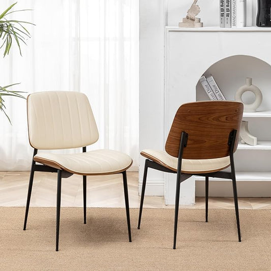 LUNLING Dining Room Chairs Set of 2 Mid Century Modern Retro Beige Faux Leather Chair with Walnut Bentwood Upholstered Seat Metal Legs Kitchen Chairs Adjustable Foot for Kitchen Dining Room