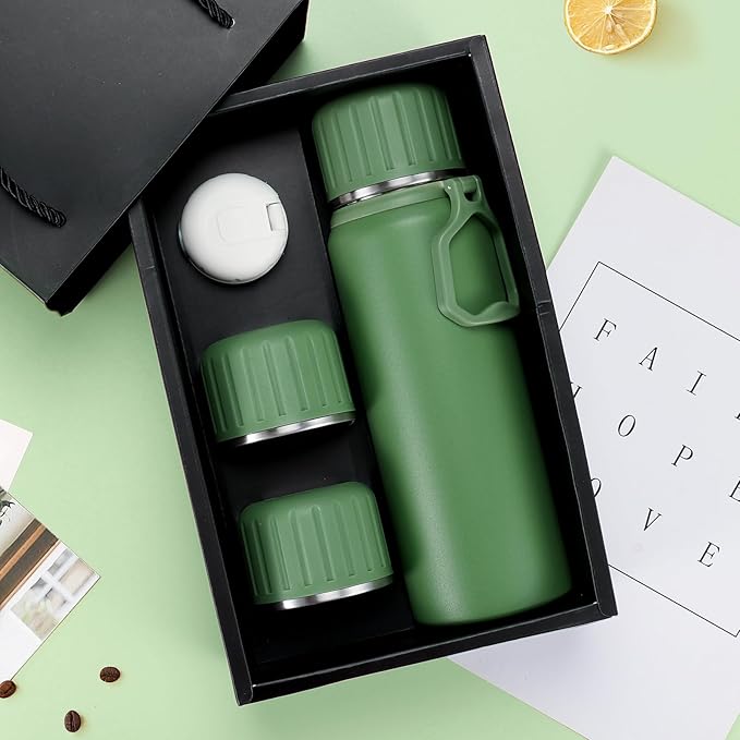 750ml/27 OZ Coffee Thermo with 3 cups, Insulated Water Bottle, Stainless Steel Vacuum Flask Set for Hot and Cold Drinks, Gifts Box