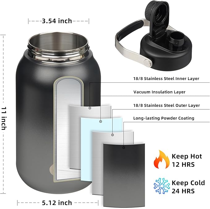 BJPKPK Half Gallon Insulated Water Bottles, 64oz Water Jug with Metal Handle & BPA Free Spout Lid, Dishwasher Safe Thermo, Large Stainless Steel Gym Sport Jugs, Black Grey