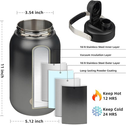 BJPKPK Half Gallon Insulated Water Bottles, 64oz Water Jug with Metal Handle & BPA Free Spout Lid, Dishwasher Safe Thermo, Large Stainless Steel Gym Sport Jugs, Black Grey