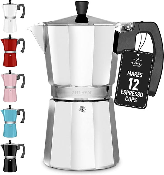 Zulay Moka Pot Espresso Stovetop Coffee Maker - Leak-Proof, Stainless Steel, Easy to Clean, Heat Resistant Handle & Knob -for Authentic Cuban & Italian Style Espresso - Makes 12 Espresso Cups - Silver