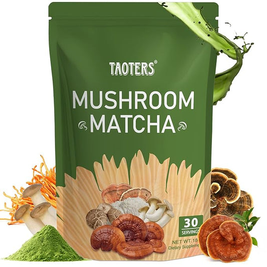 Mushroom Matcha with 6 Adaptogenic Mushrooms and Ceremonial-Grade Matcha, MCT Oil, Coconut Milk Powder for Better Energy, Focus, Digestion and Immunity, 30 servings