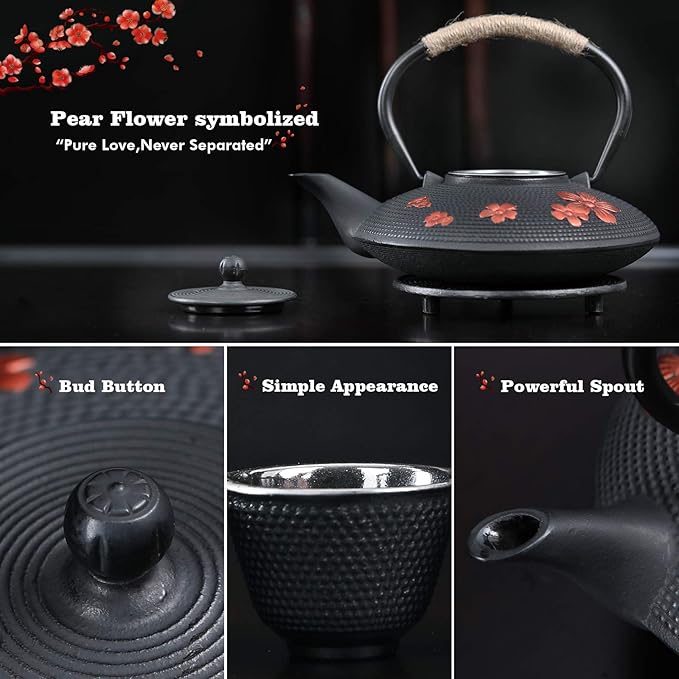 Japanese Style Cast Iron Teapot with 4 Tea Cups Trivet Tetsubin StovetopTea Kettle with Infuser Chinese Iron Tea Pot Tea Set for Adults Black (Pear Flower Pattern)