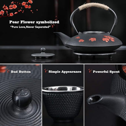 Japanese Style Cast Iron Teapot with 4 Tea Cups Trivet Tetsubin StovetopTea Kettle with Infuser Chinese Iron Tea Pot Tea Set for Adults Black (Pear Flower Pattern)
